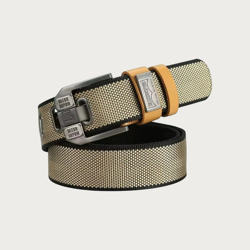 Ceinture en toile beige et noire pour homme avec boucle ardillon métallique décorative de style décontracté