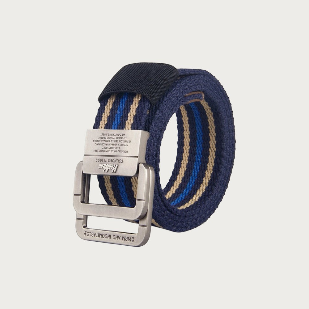 Ceintura ceinture en toile unisexe bleu marine et beige avec boucle double anneau en alliage style décontracté