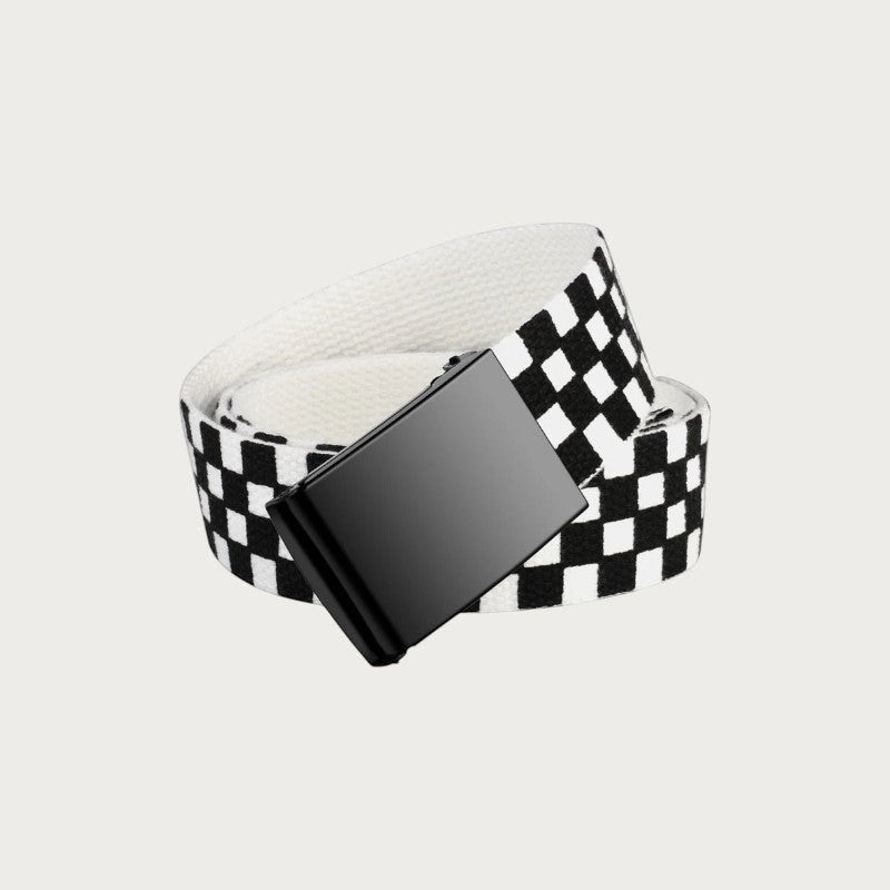 Ceinture Ceintura en toile à damier noir et blanc enroulée, boucle plaque noire mate au centre Image
