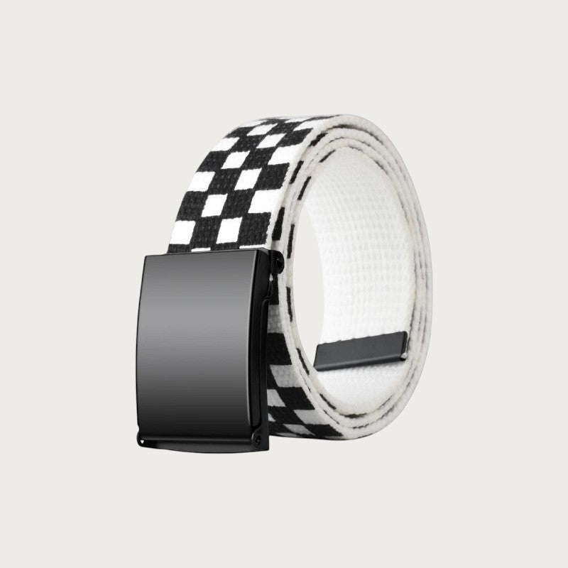 Ceinture Ceintura pour homme en toile polyester à motif damier noir et blanc avec boucle plaque noire mate
