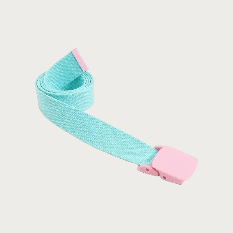 Ceinture Ceintura Emilia en toile turquoise pour fille repliée, boucle clip en plastique rose pastel