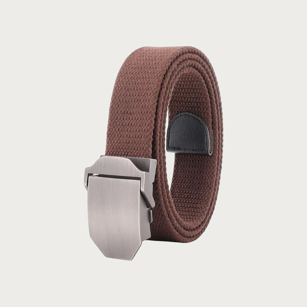 Ceinture en toile marron de style militaire avec boucle automatique en alliage, accessoire unisexe robuste.
