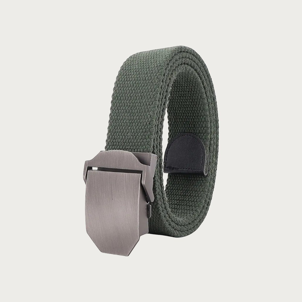 Ceinture en toile vert olive de style militaire avec boucle automatique en alliage, accessoire unisexe robuste.