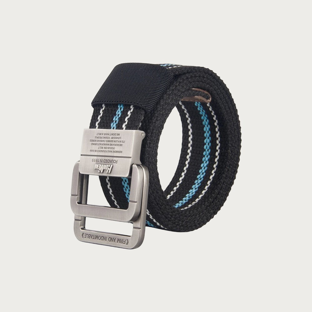 Ceintura ceinture en toile noire unisexe avec boucle double anneau en alliage et détails rayés bleus et blancs