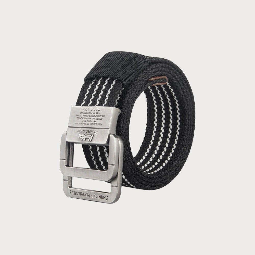 Ceintura ceinture en toile noire avec rayures blanches et boucle double ardillon en alliage style décontracté