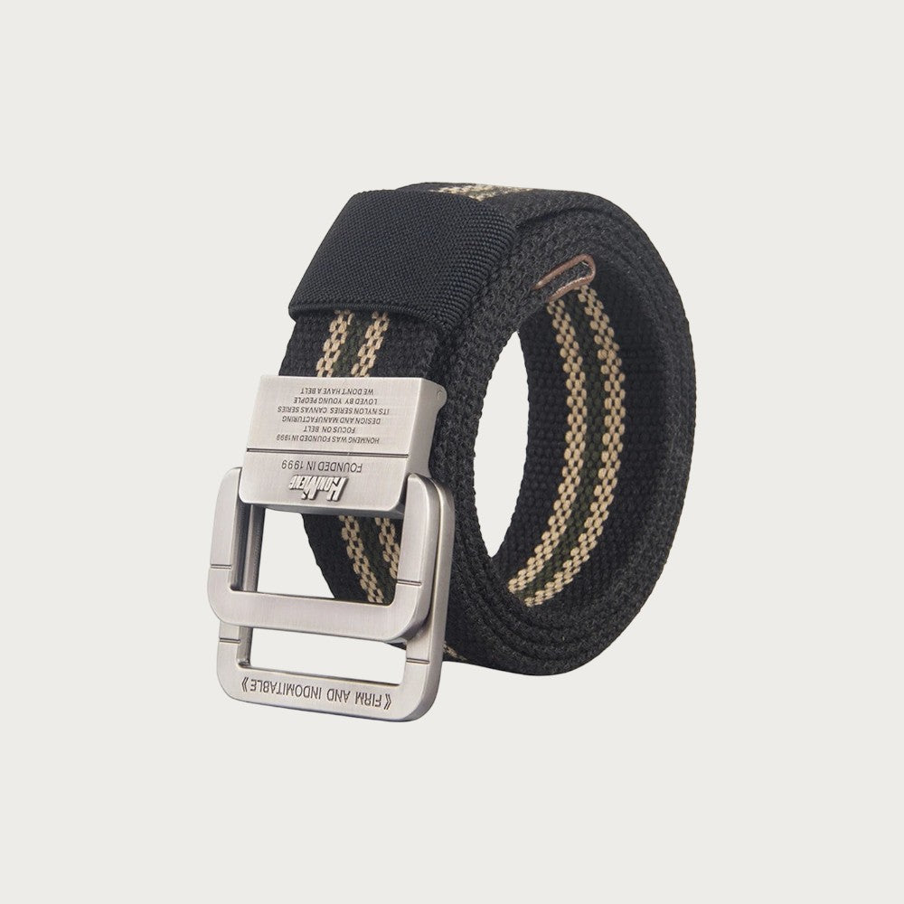 Ceintura ceinture en toile noire et beige avec boucle double anneau en alliage style décontracté unisexe