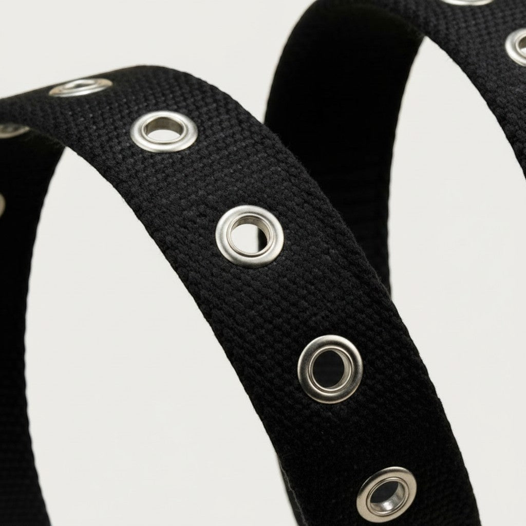Ceinture Ceintura en toile noire pour homme avec œillets métalliques argentés, style décontracté et robuste