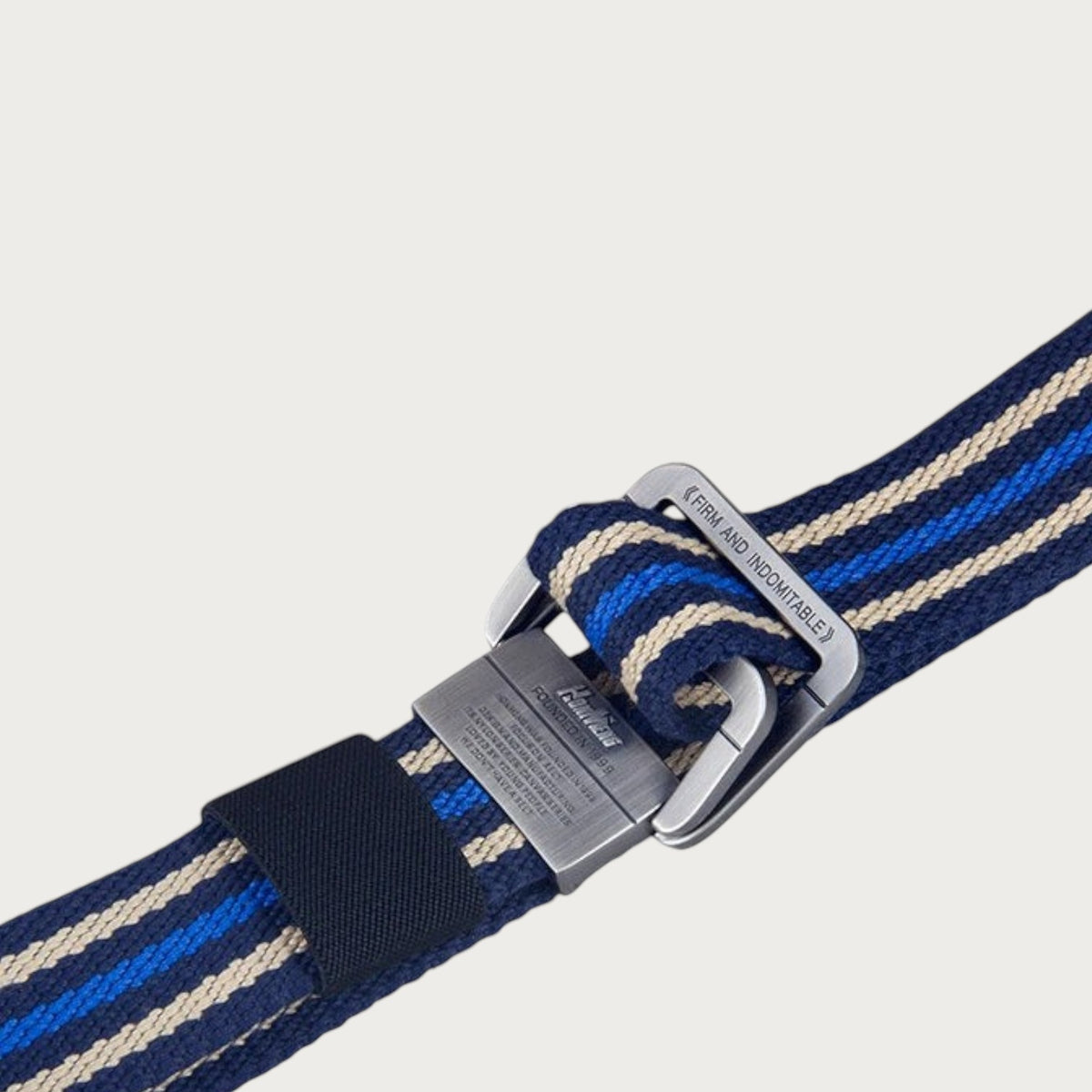 Ceintura ceinture en toile unisexe à rayures bleues et beiges avec boucle double anneau en alliage gravée