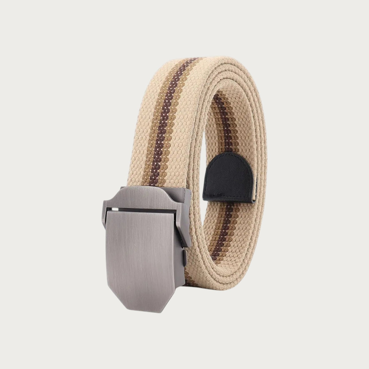 Ceinture en toile rayée beige et marron de style militaire avec boucle automatique en alliage par Ceintura