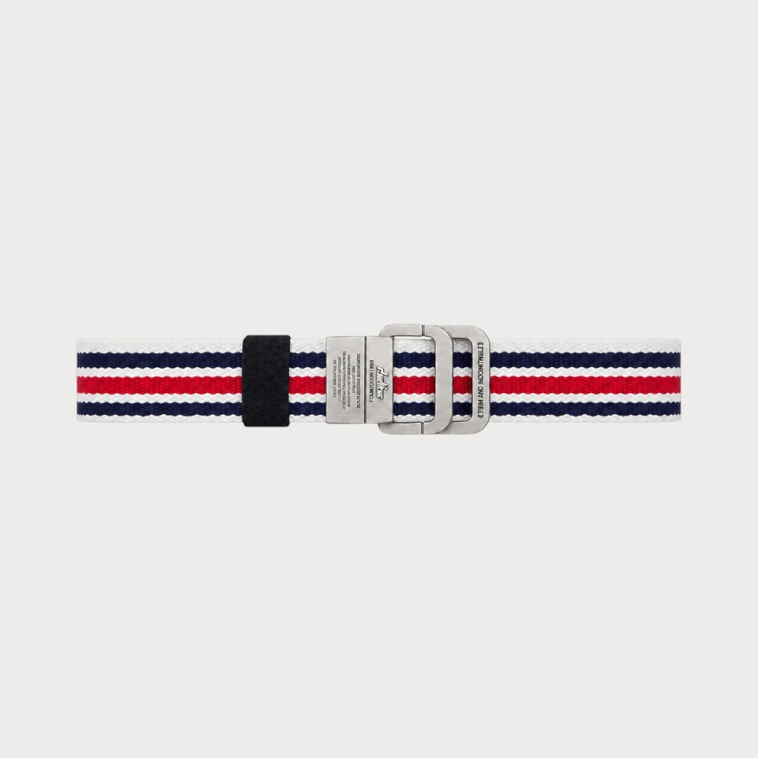 Ceinture Ceintura en toile rayée bleu blanc rouge déployée à plat, boucle double anneau argentée
