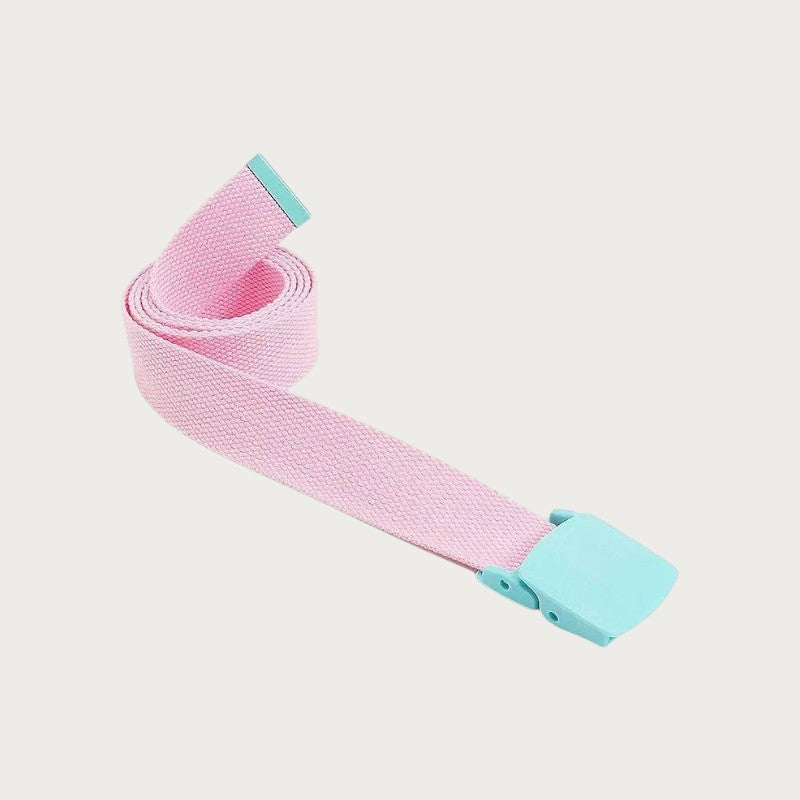 Ceinture tactique en toile rose pour enfant avec boucle en plastique bleu clair, style décontracté et ajustable.