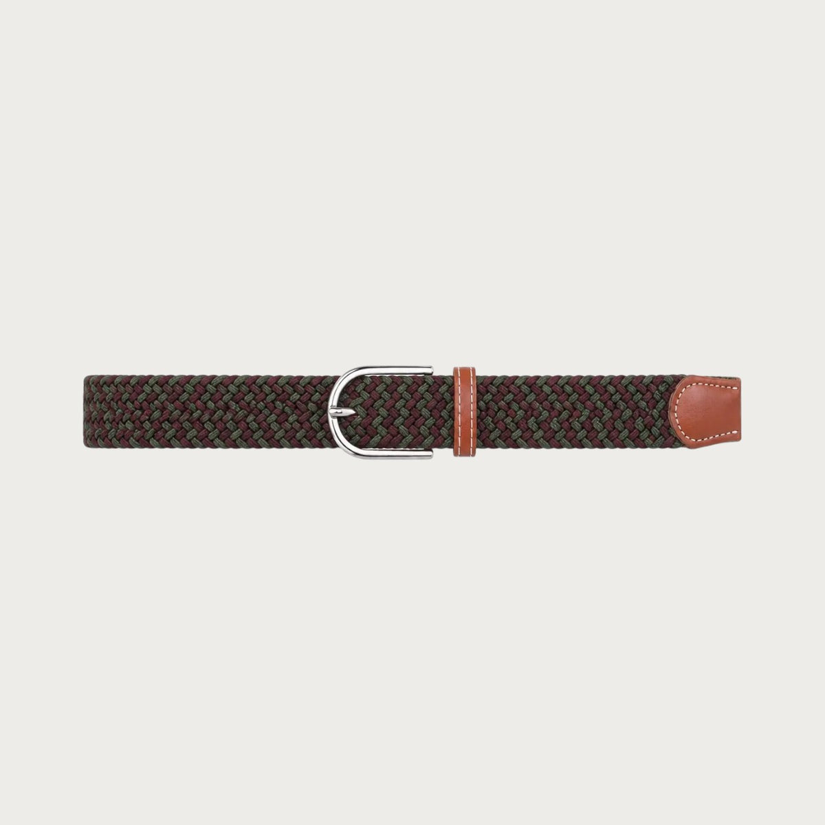 Ceinture tressée bicolore Ceintura en toile élastique vert et café avec boucle ardillon en métal et détails en cuir