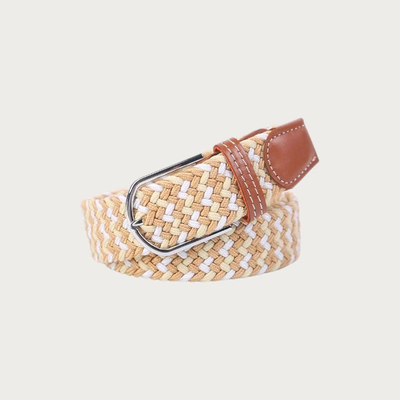 Ceinture tressée bicolore Ceintura en toile élastique beige et blanche avec boucle ardillon en métal et détails cuir