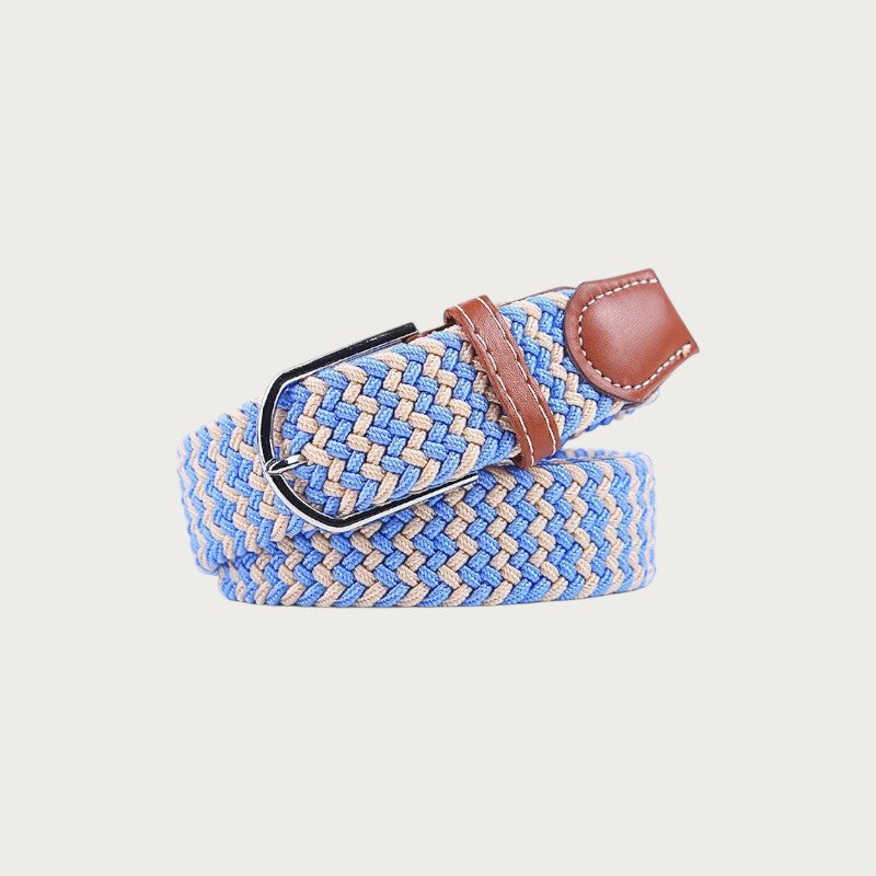 Ceinture tressée bicolore Ceintura en toile élastique bleue et beige avec boucle ardillon et finitions en cuir marron
