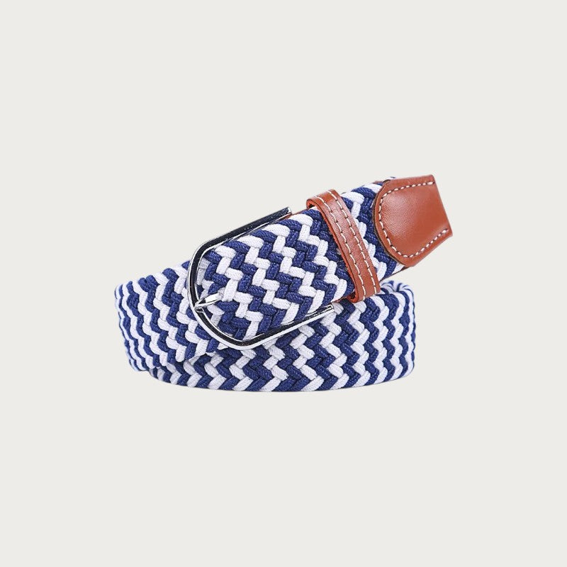 Ceinture tressée bicolore bleu et blanc Ceintura en toile élastique avec boucle ardillon et détails en cuir marron