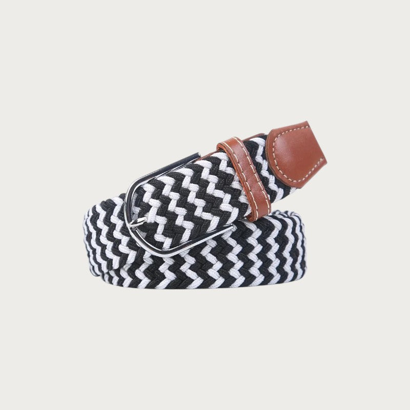 Ceinture tressée bicolore noir et blanc Ceintura en toile élastique avec boucle ardillon et détails en cuir marron Image