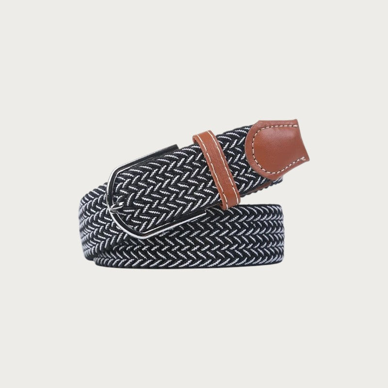 Ceinture tressée Ceintura bicolore noire et blanche en toile élastique avec détails en cuir marron et boucle métal