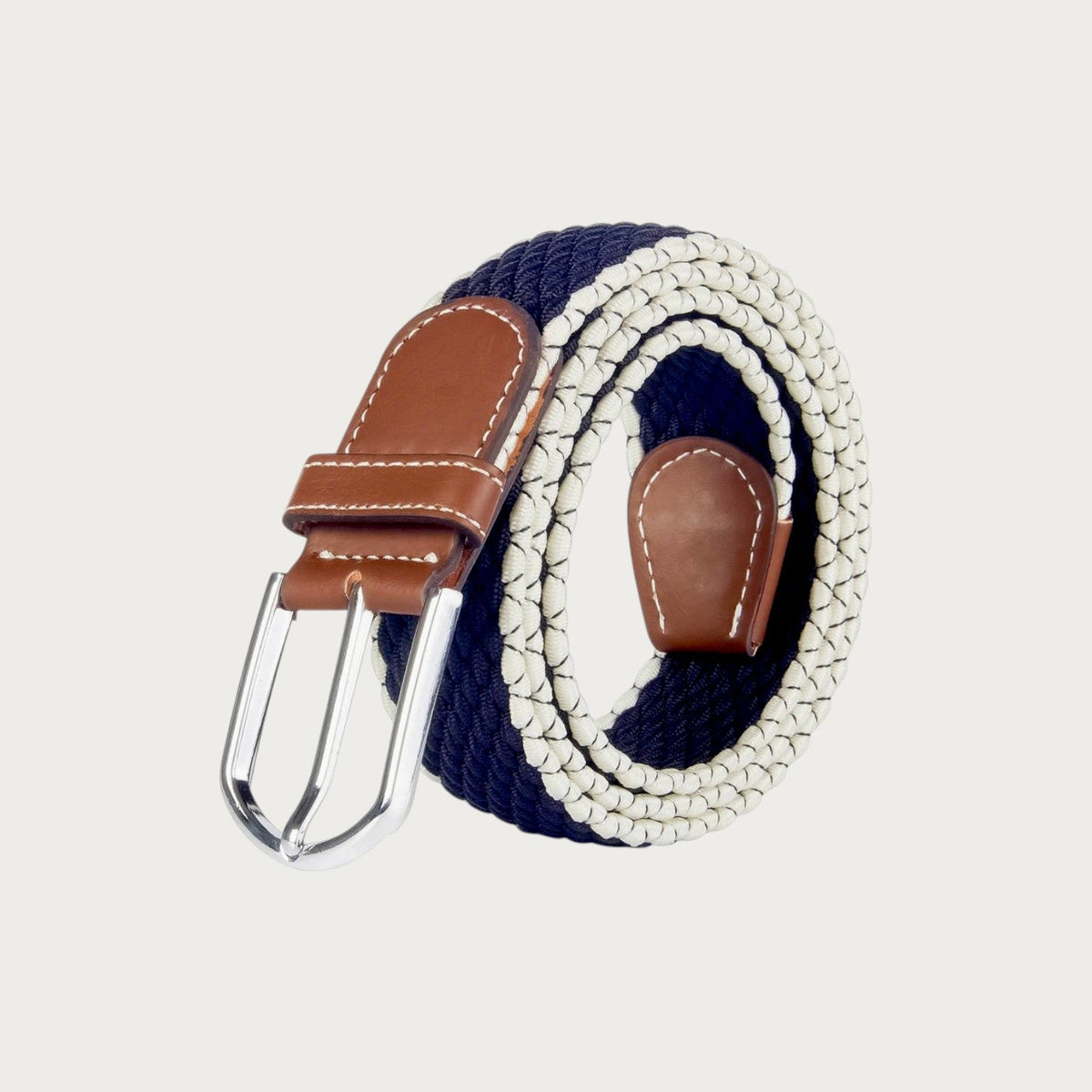 Ceinture tressée Ceintura Massimo bicolore bleu marine et blanc avec détails en cuir marron et boucle en métal argenté