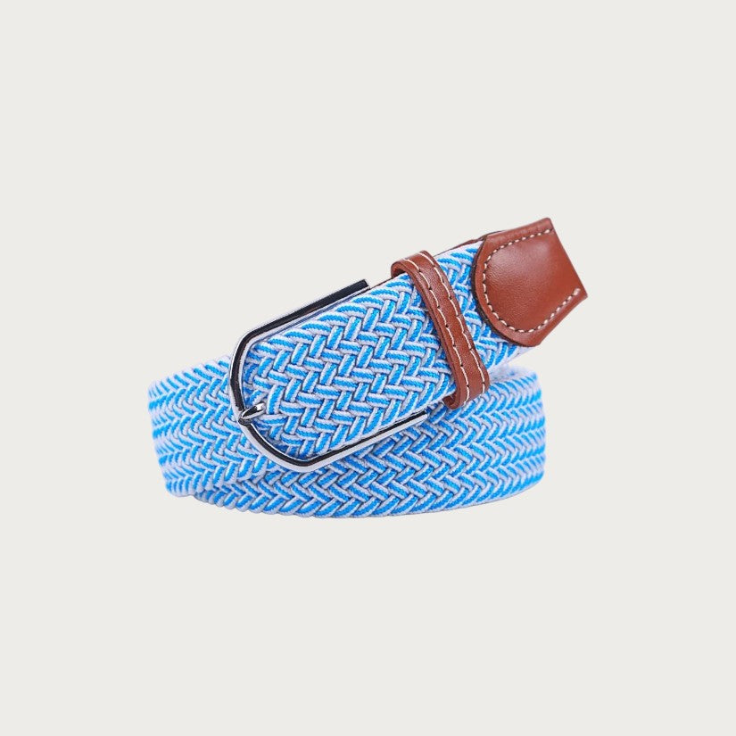 Ceinture tressée Ceintura bicolore bleu et blanc en toile élastique avec boucle ardillon et détails en cuir marron