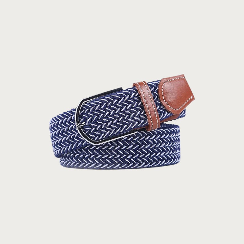 Ceinture tressée Ceintura bicolore bleu et blanc en toile élastique avec détails en cuir marron et boucle métallique