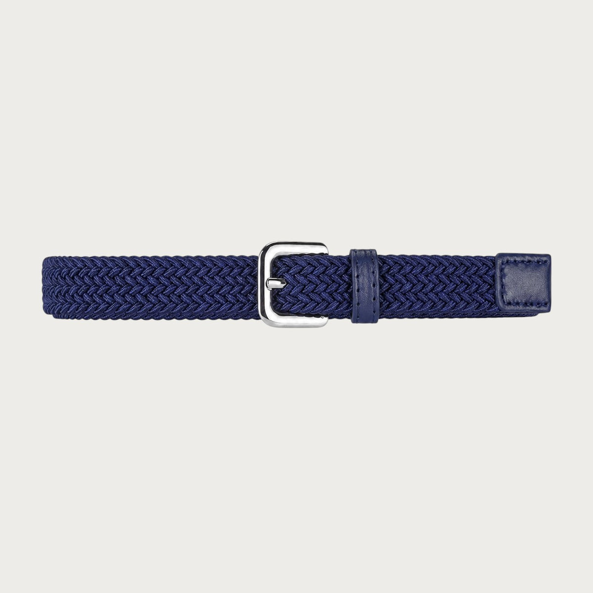 Ceinture tressée élastique Ceintura bleu marine déployée à plat, boucle ardillon argentée au centre