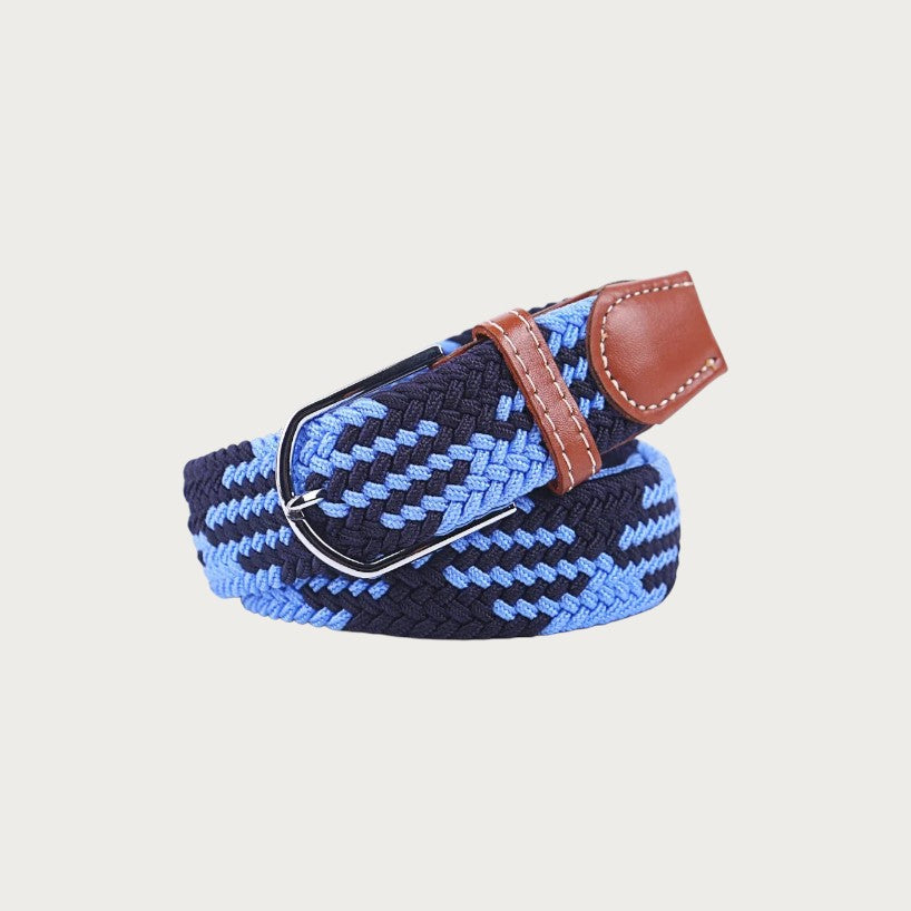 Ceinture tressée Ceintura Giovanni en toile élastique bleu marine et bleu clair avec détails en cuir marron