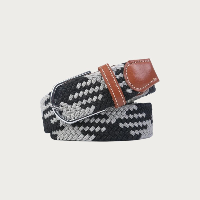 Ceinture tressée Ceintura en toile élastique noire et grise avec motif chevrons et finitions en cuir marron