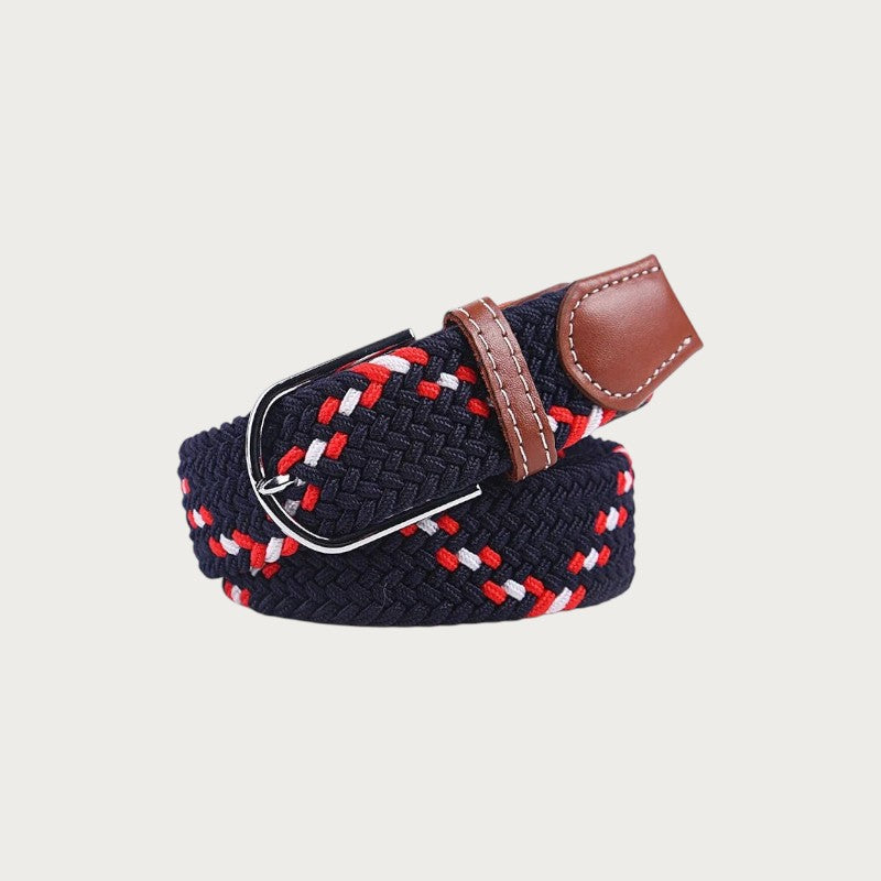 Ceinture tressée Ceintura en toile élastique bleu marine, rouge et blanc avec motif chevrons et boucle en métal