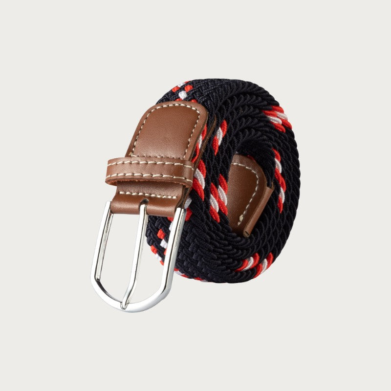 Ceinture tressée Ceintura Giovanni en toile élastique bleu marine, rouge et blanc avec boucle en métal et cuir marron Image