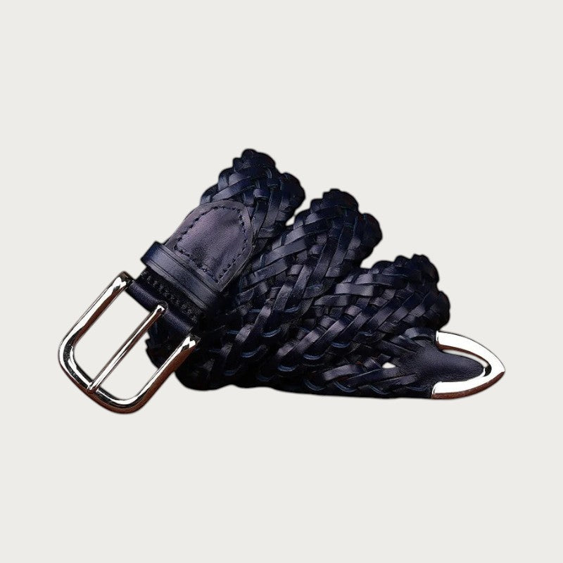 Ceinture Ceintura en cuir de vachette tressé bleu marine enroulée serrée, boucle ardillon argentée