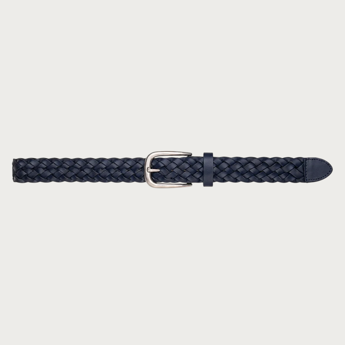 Ceinture tressée en cuir bleu marine Ceintura avec boucle argentée classique et texture en relief Image