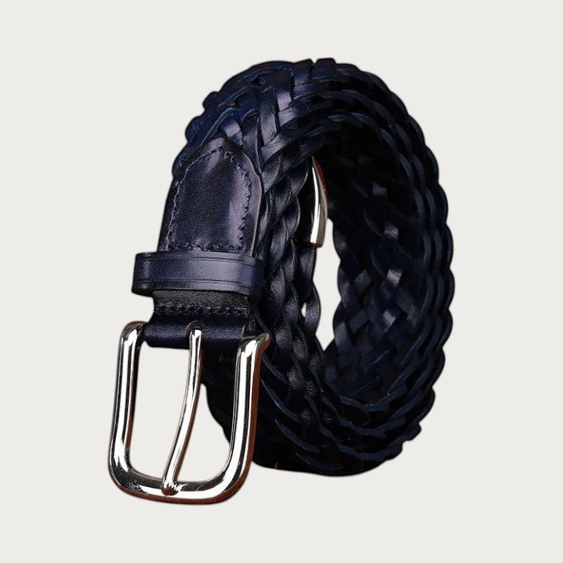 Ceinture tressée en cuir de vachette bleu marine avec boucle ardillon argentée, style décontracté par Ceintura. Image