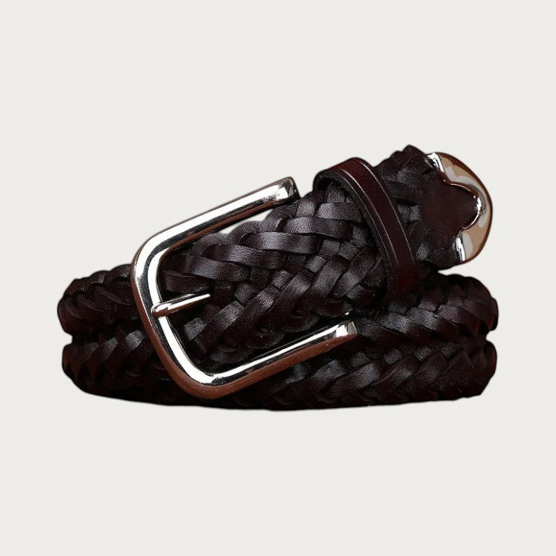 Ceintura ceinture tressée en cuir de vachette marron foncé avec boucle ardillon argentée pour un style décontracté