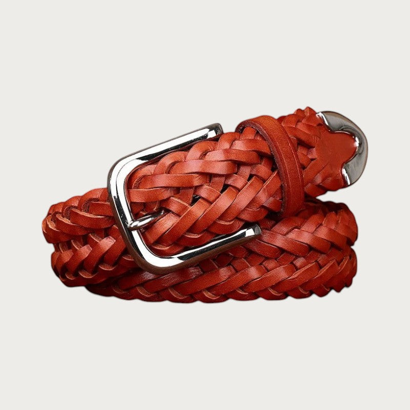 Ceinture tressée en cuir de vachette marron de 3,5 cm de large avec boucle ardillon argentée par Ceintura