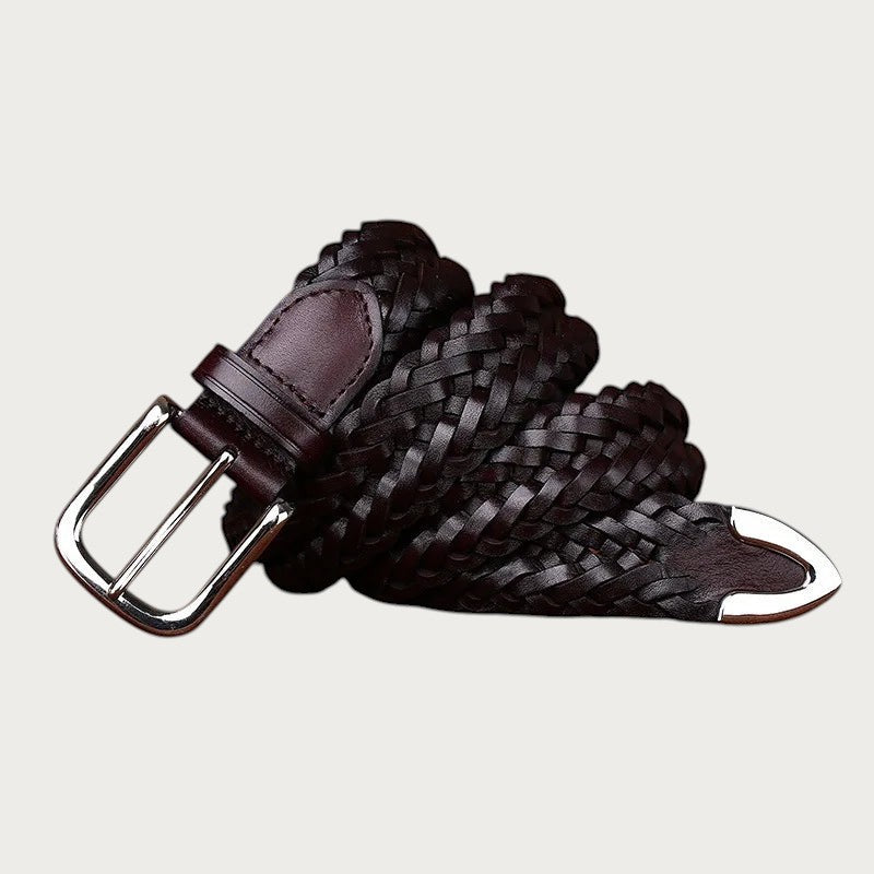 Ceinture tressée en cuir de vachette marron foncé avec boucle ardillon argentée, style décontracté par Ceintura
