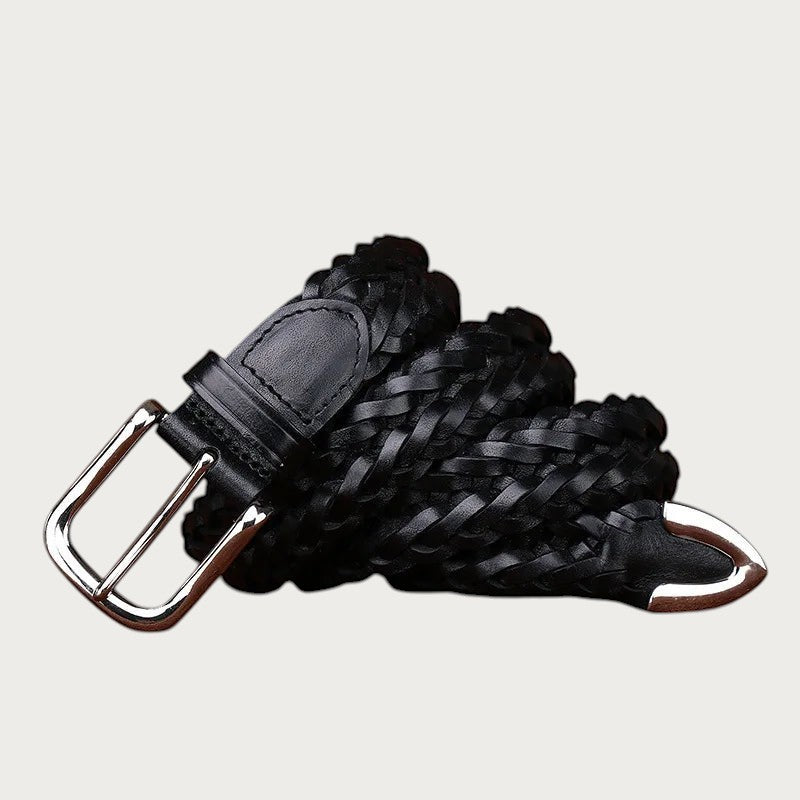 Ceinture tressée noire en cuir de vachette 3,5 cm avec boucle ardillon argentée, style décontracté par Ceintura