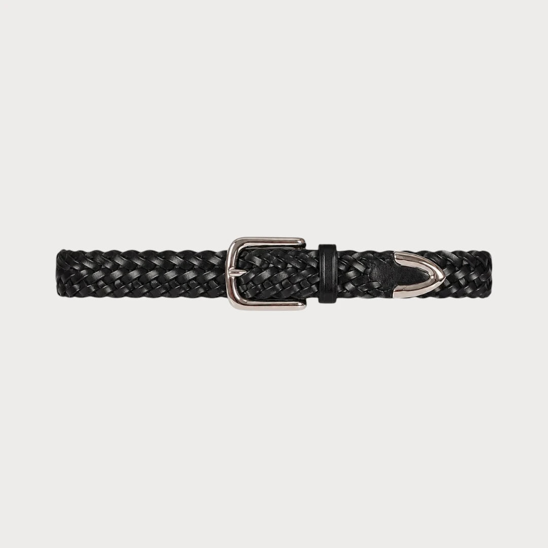 Ceinture Ceintura en cuir tressé noir déployée à plat, boucle ardillon argentée et embout métallique