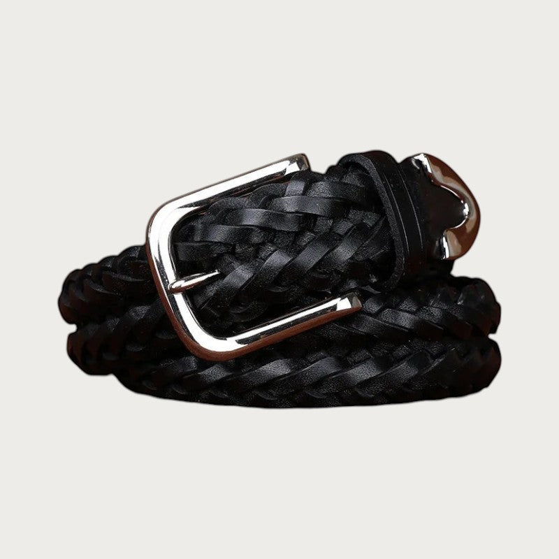 Ceinture tressée noire en cuir de vachette véritable avec boucle ardillon argentée, style décontracté par Ceintura.