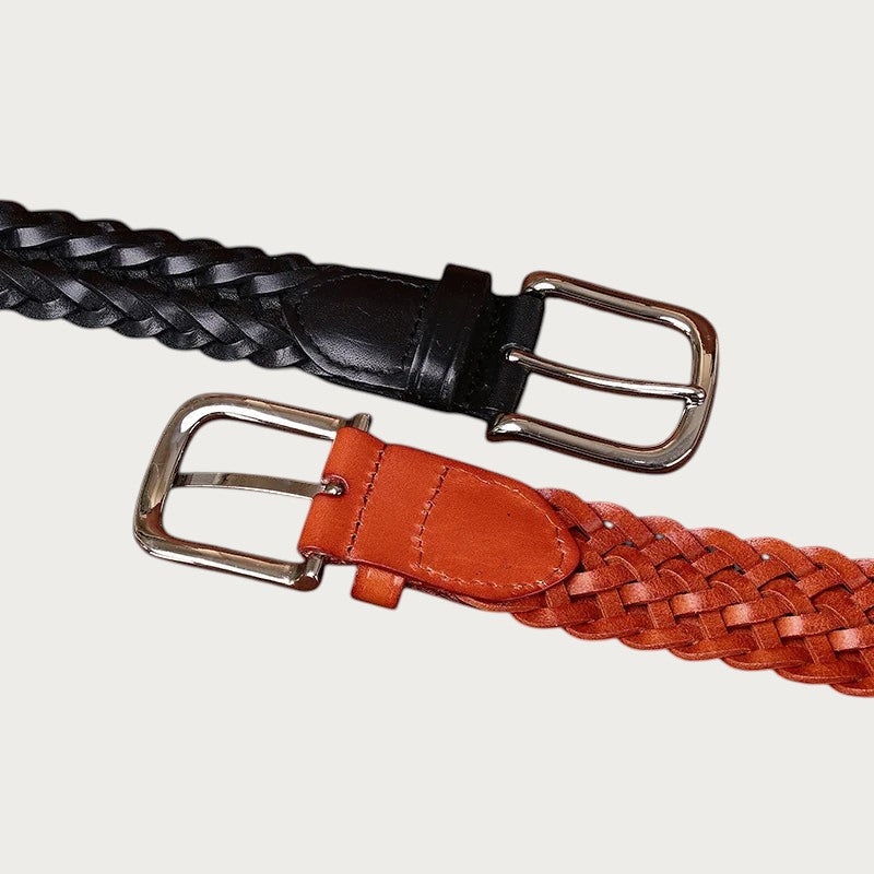 Ceintura ceinture tressée en cuir de vachette véritable avec boucle ardillon classique, disponible en noir et marron.