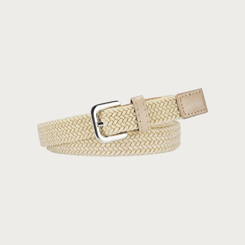 Ceinture tressée élastique beige Ceintura avec boucle ardillon en métal argenté pour un style décontracté