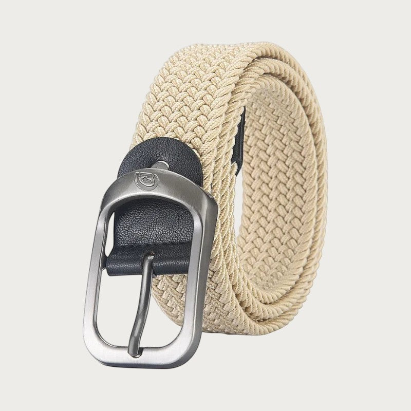 Ceinture tressée élastique beige Ceintura avec boucle ardillon en alliage argenté et détails en cuir noir