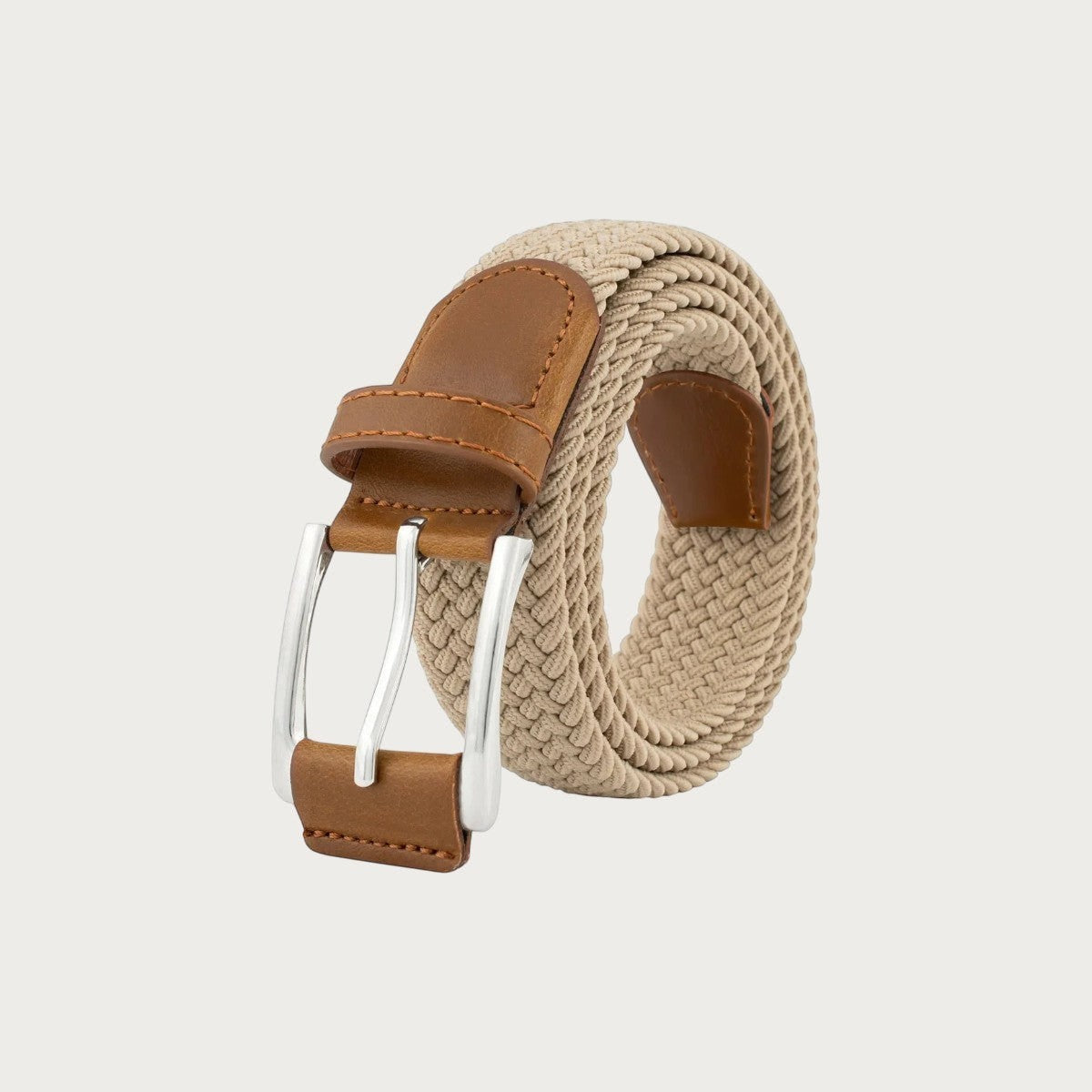 Ceinture tressée élastique beige Ceintura avec détails en cuir marron et boucle ardillon argentée