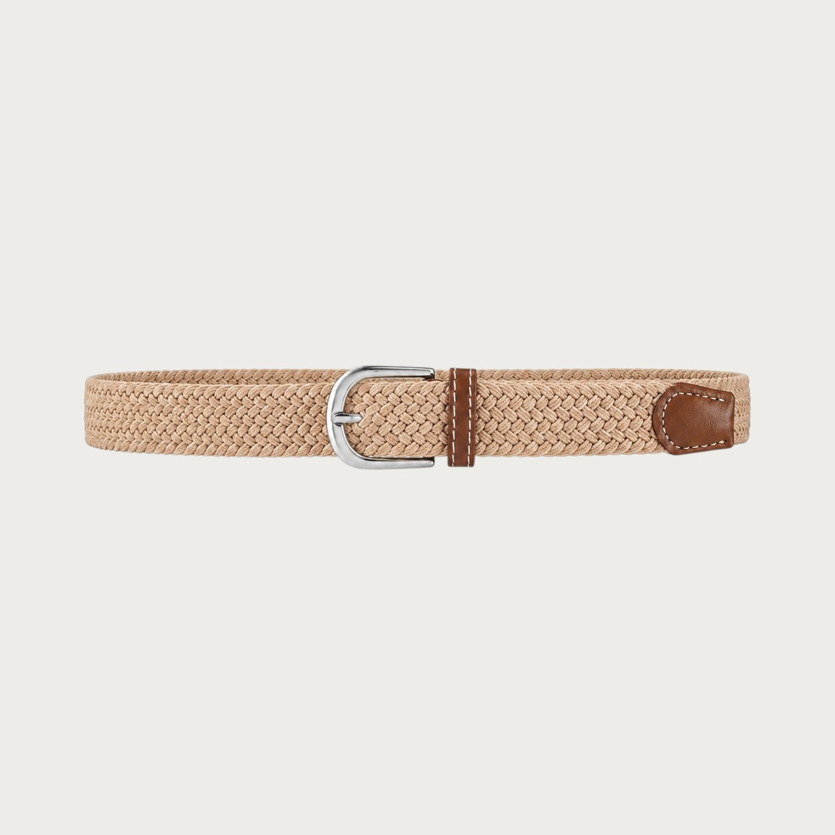 Ceinture tressée élastique Ceintura Vera beige déployée à plat, boucle argentée arrondie et embout en cuir