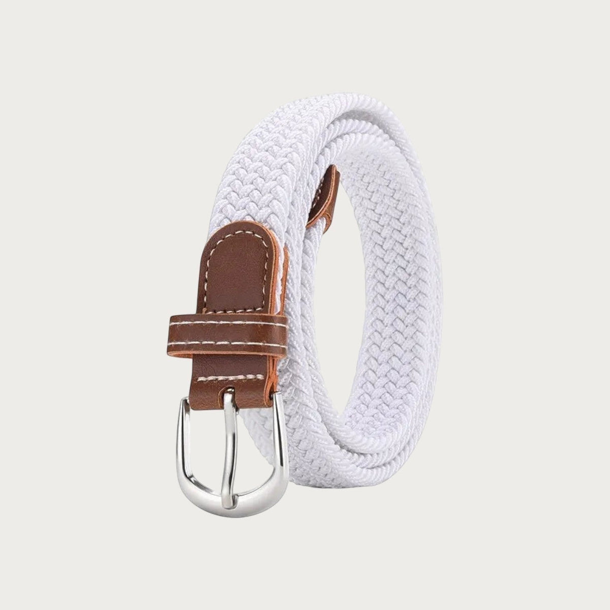 Ceinture tressée élastique blanche Ceintura avec détails en cuir marron et boucle argentée classique