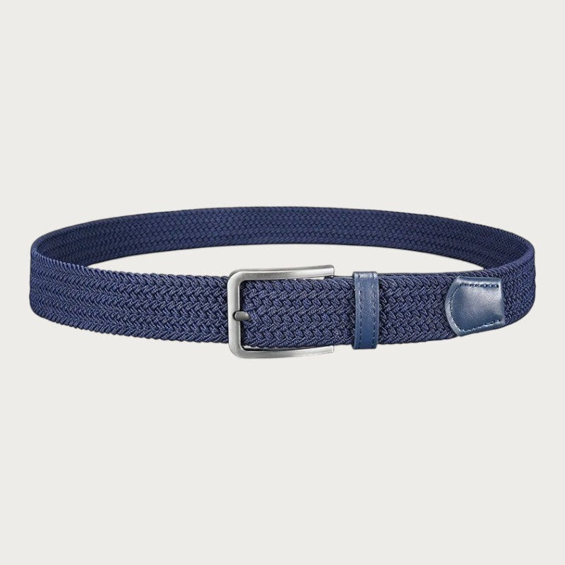 Ceinture tressée élastique bleu marine pour homme avec boucle métallique, style décontracté et robuste