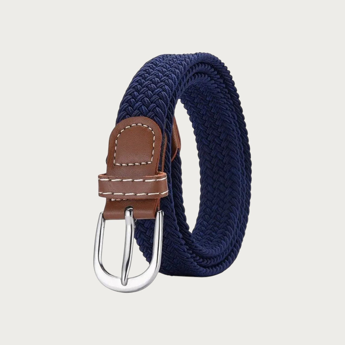 Ceinture tressée élastique Ceintura bleu marine avec détails en cuir marron et boucle ardillon argentée
