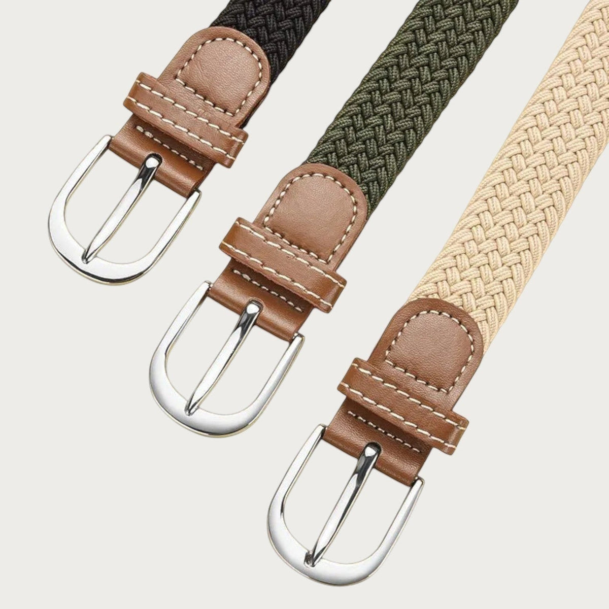 Ceinture tressée élastique Ceintura modèle Vera en noir, kaki et beige avec boucle argentée et détails en cuir