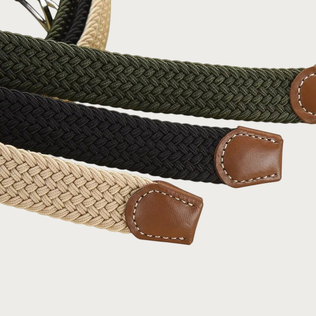 Ceinture tressée élastique Ceintura modèle Vera en beige, noir et kaki avec finitions en cuir marron