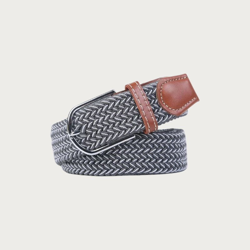 Ceinture tressée bicolore Ceintura en toile élastique grise avec détails en cuir marron et boucle ardillon métallique