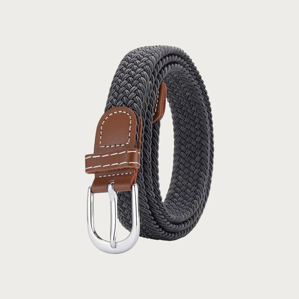 Ceinture tressée élastique Ceintura grise avec détails en cuir marron et boucle argentée classique pour femme